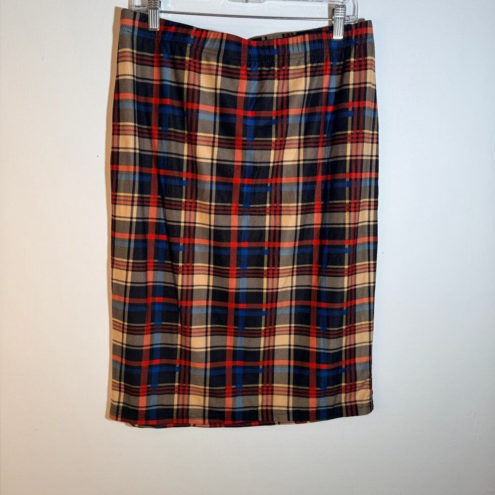 SHEIN Tan Plaid Pencil Skirt with Red and Blue Stripes